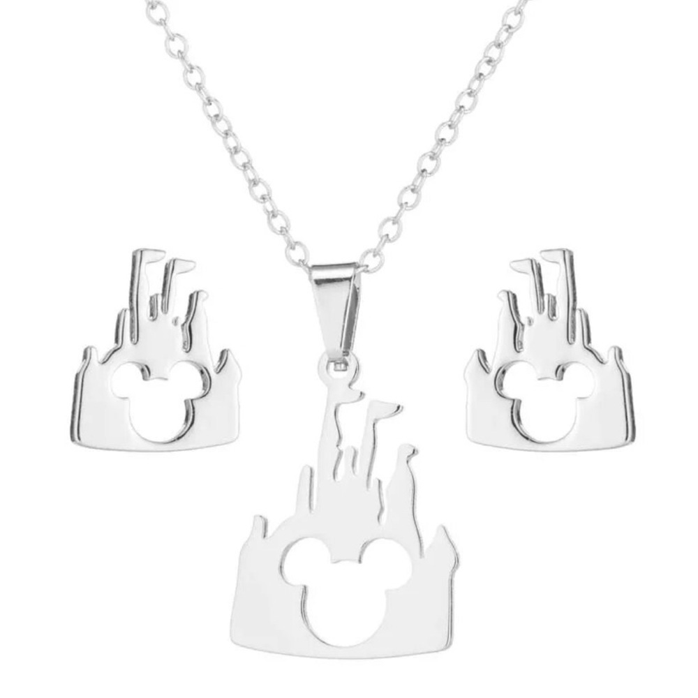 18K White Gold (Rhodium) Plated Disney Castle Silhouette w/ Mickey Head Set - Picture 2 of 6